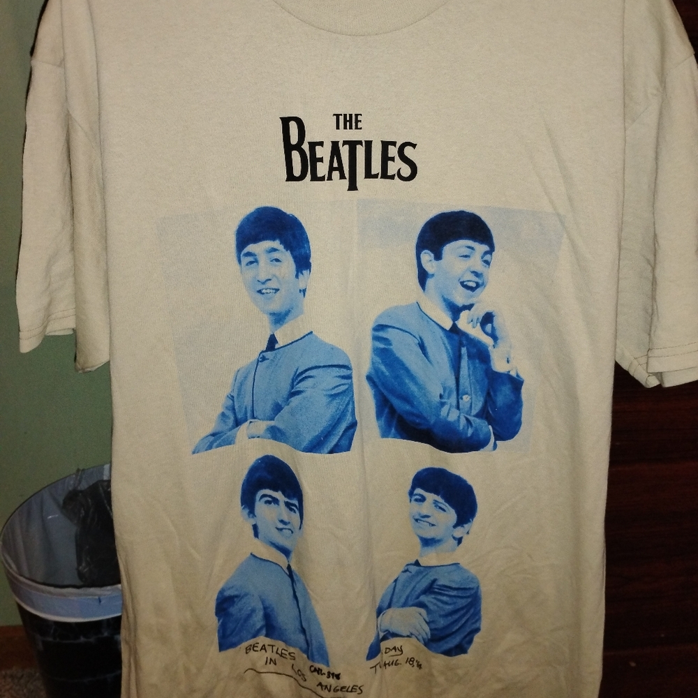 Cream Short Sleeve Beatles Tee with Blue Graphic Design